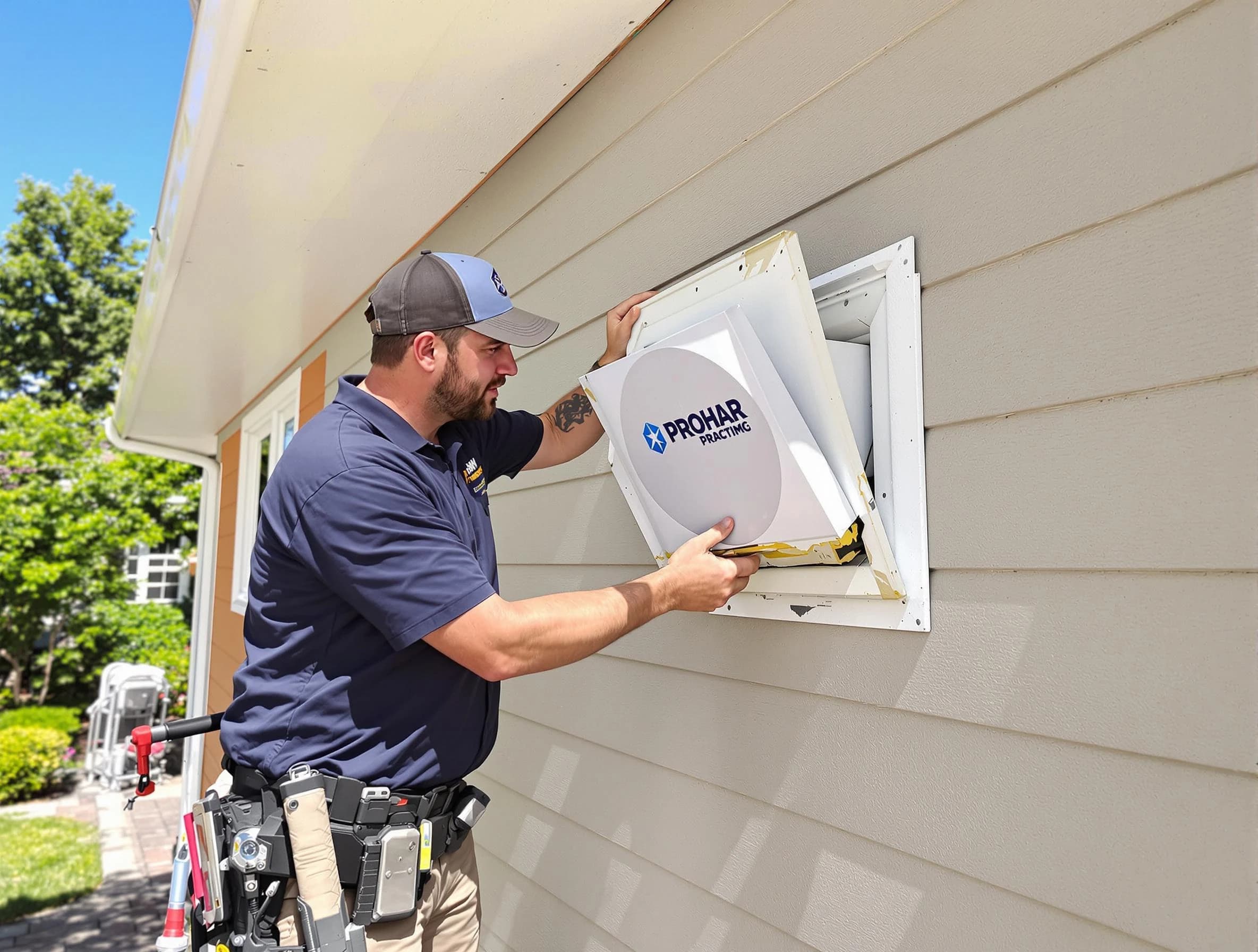 Alpine Dryer Vent Cleaning technician installing a new protective dryer vent cover on a home in Alpine