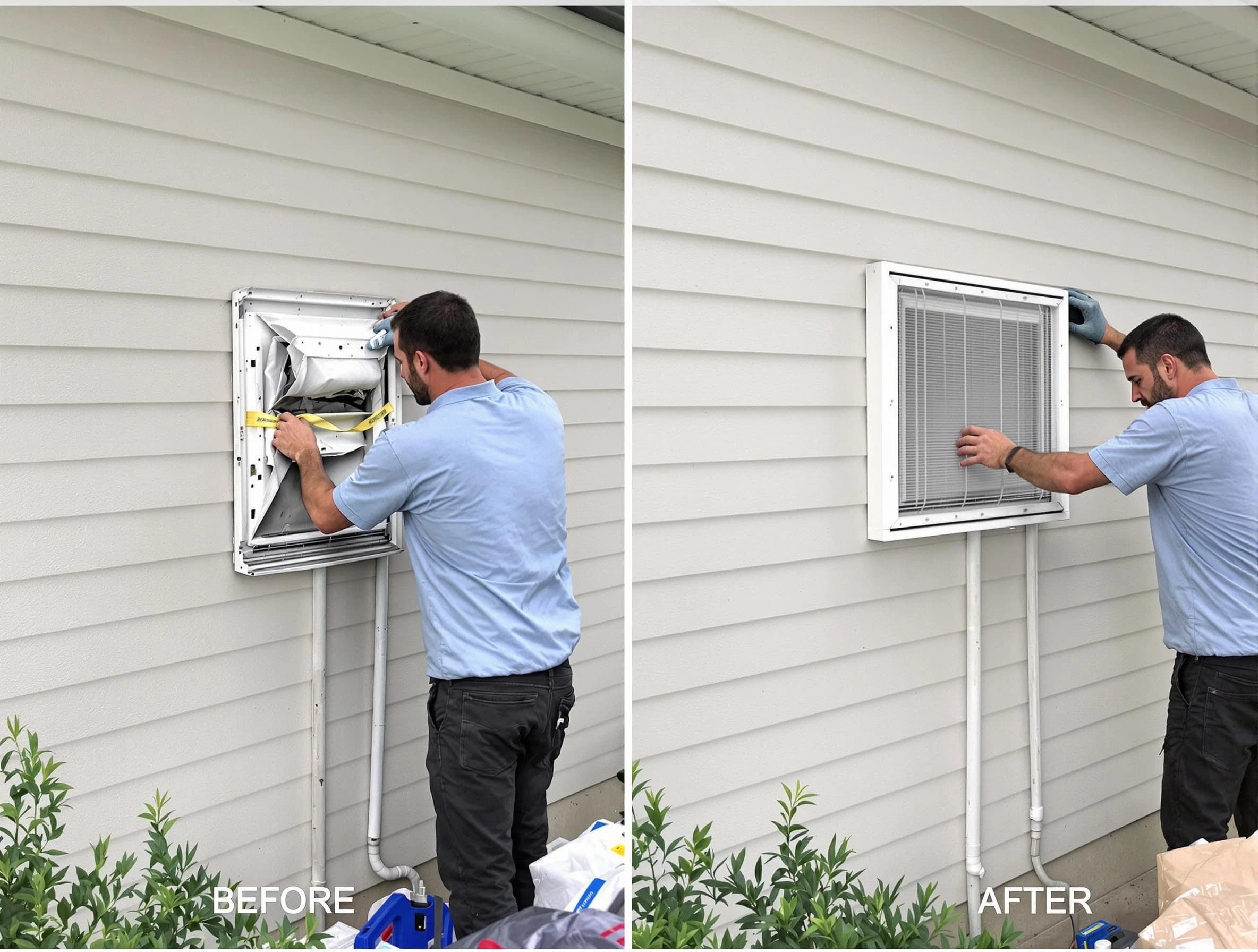 Alpine Dryer Vent Cleaning technician installing high-quality dryer vent cover at a residential property in Alpine