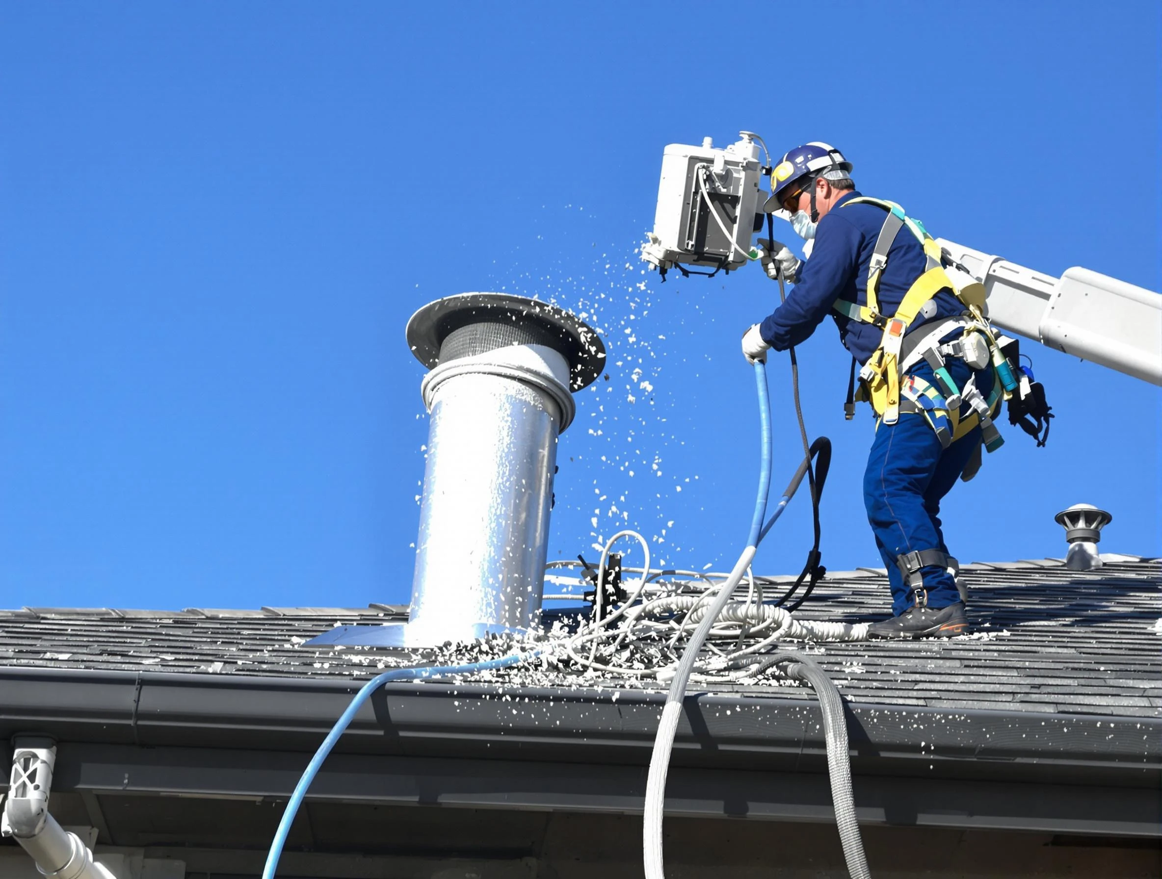 Alpine Dryer Vent Cleaning certified technician safely cleaning a roof-mounted dryer vent in Alpine